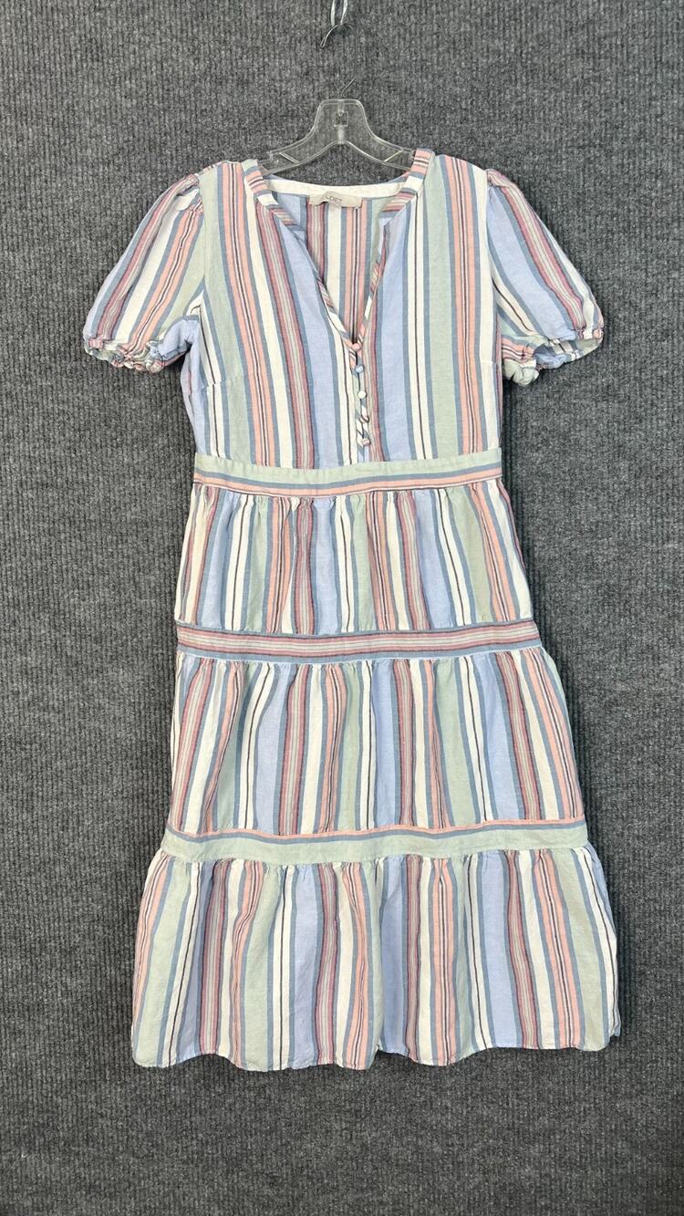 Loft Midi Dress Womens 12 Striped Tiered Linen Blend Short Sleeve Cottage Boho